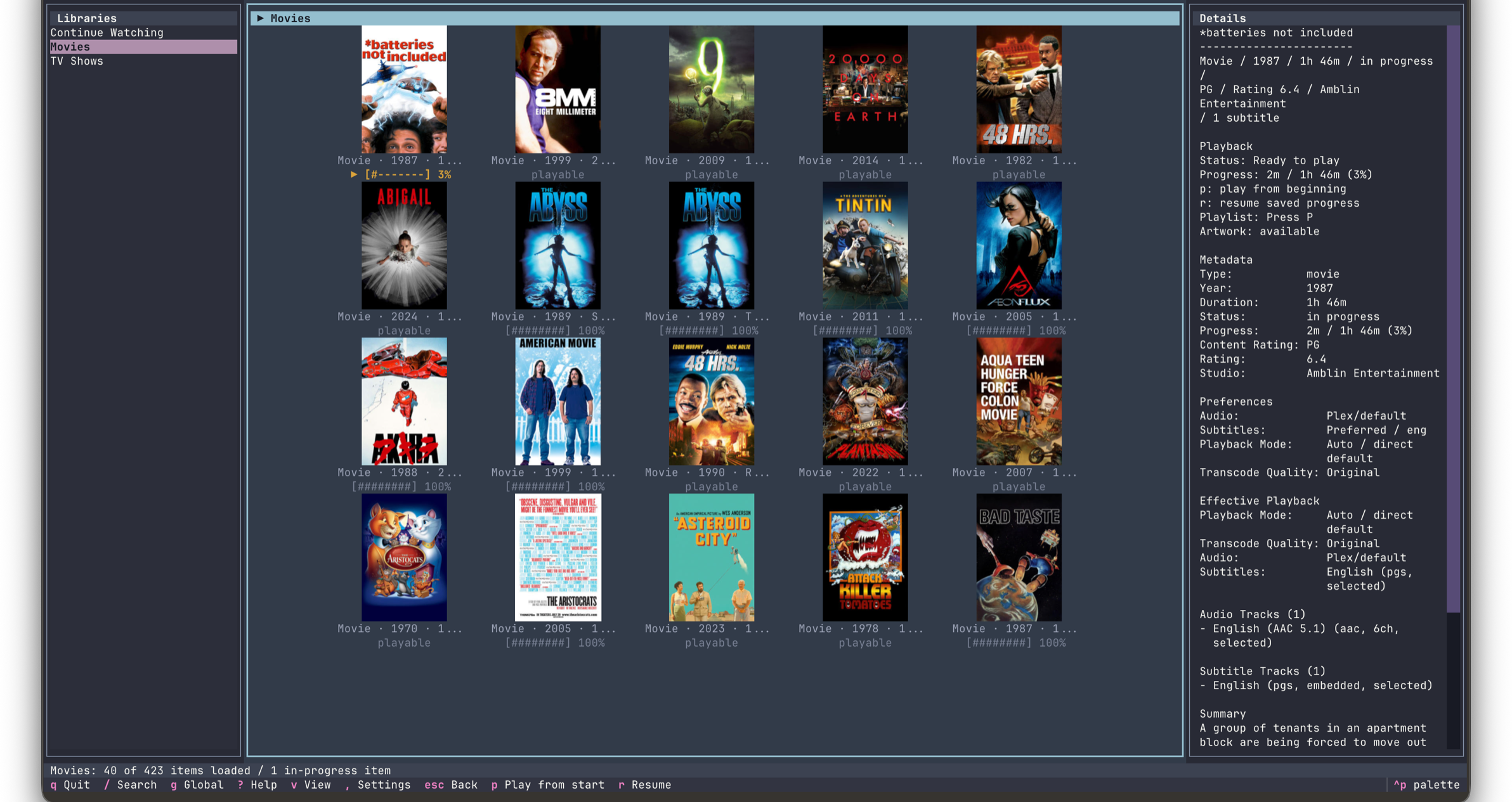 plex-tui showing a Plex movie library in a terminal interface with posters, metadata, and playback details.